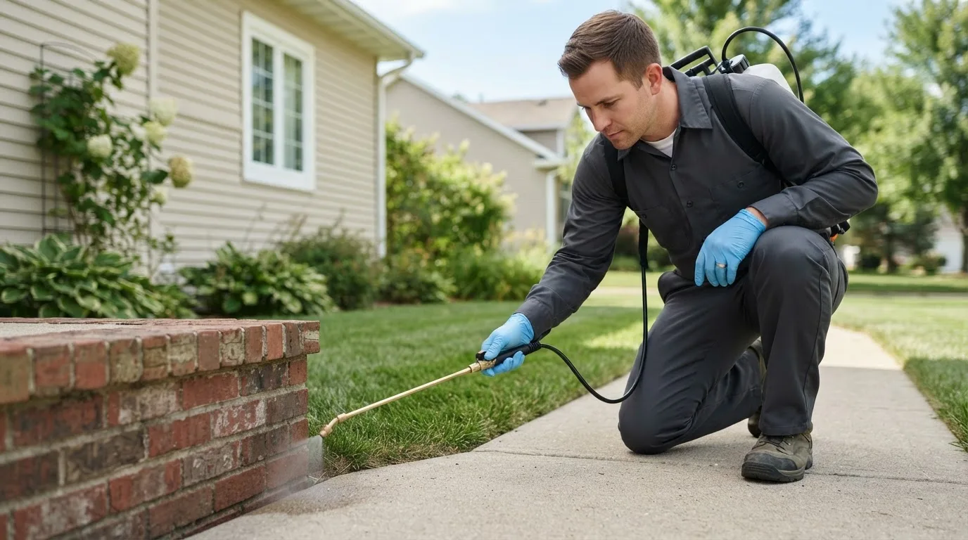 Pest control technician treating a home near Leona, TX
